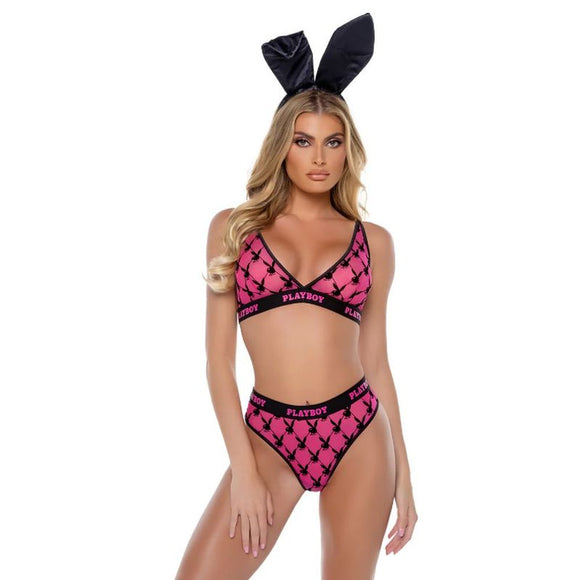 Playboy Flocked Bunny 2 Pc Lingerie Set Pink-PBLI161-PNK-XS