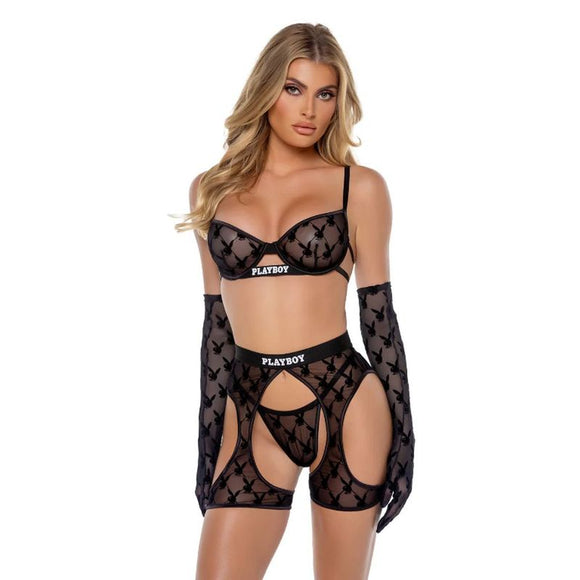 Playboy Flocked Bunny Chaps 3 Pc Set  Black-PBLI160-BLK-XS