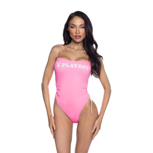 PlayBoy Pink 1 Pc Swimsuit with Ruched Side Ties & Removable Clear Straps-PBS105-Pink/Wht-XS