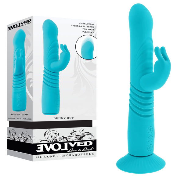 Evolved BUNNY HOP - Teal 25.1 cm USB Rechargeable Thrusting Rabbit Vibrator with Suction Base-EN-RS-6008-2