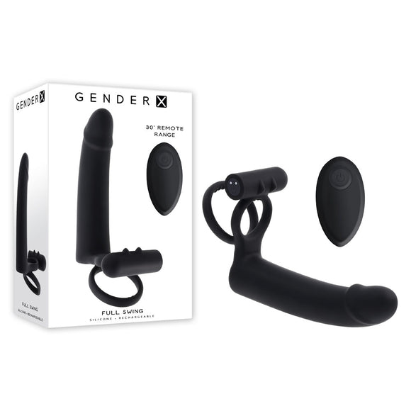 Gender X FULL SWING - Black USB Rechargeable Vibrating Cock Ring with Double Penetrator Dildo-GX-RS-6343-2