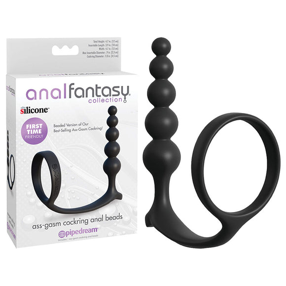 Anal Fantasy Collection Ass-Gasm Cockring Anal Beads - Black Cock Ring with Anal Plug-PD4696-23