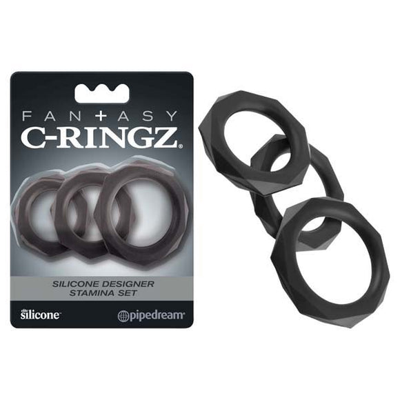 Fantasy C-Ringz Silicone Designer Stamina Set - Black Cock Rings - Set of 3 Sizes-PD5967-23