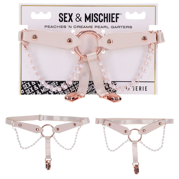 Sex & Mischief Peaches n CreaMe Pearl Garters - Peach / Rose Gold Garters with Pearls - Set of 2