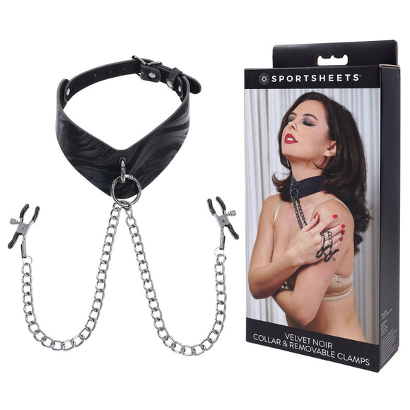 SPORTSHEETS Velvet Noir Collar & Removable Clamps - Black Neck & Nipple Restraints-SS37004