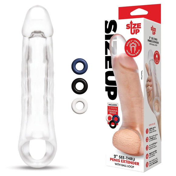 Size Up 2 Inch See-Thru Penis Extender with Ball Loop - Clear 5 cm (2) Penis Extension Sleeve-SU402