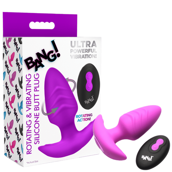 Rotating & Vibrating Silicone Butt Plug w/ Remote (Purple)-AH489-PUR