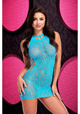 Leopard Lace High Neck Mini Dress Blue