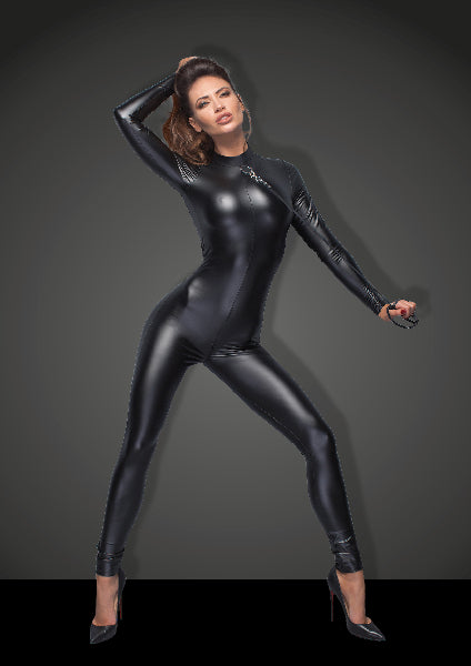 Noir Handmade Power Wetlook Overall With Leash And 2 Way Zipper